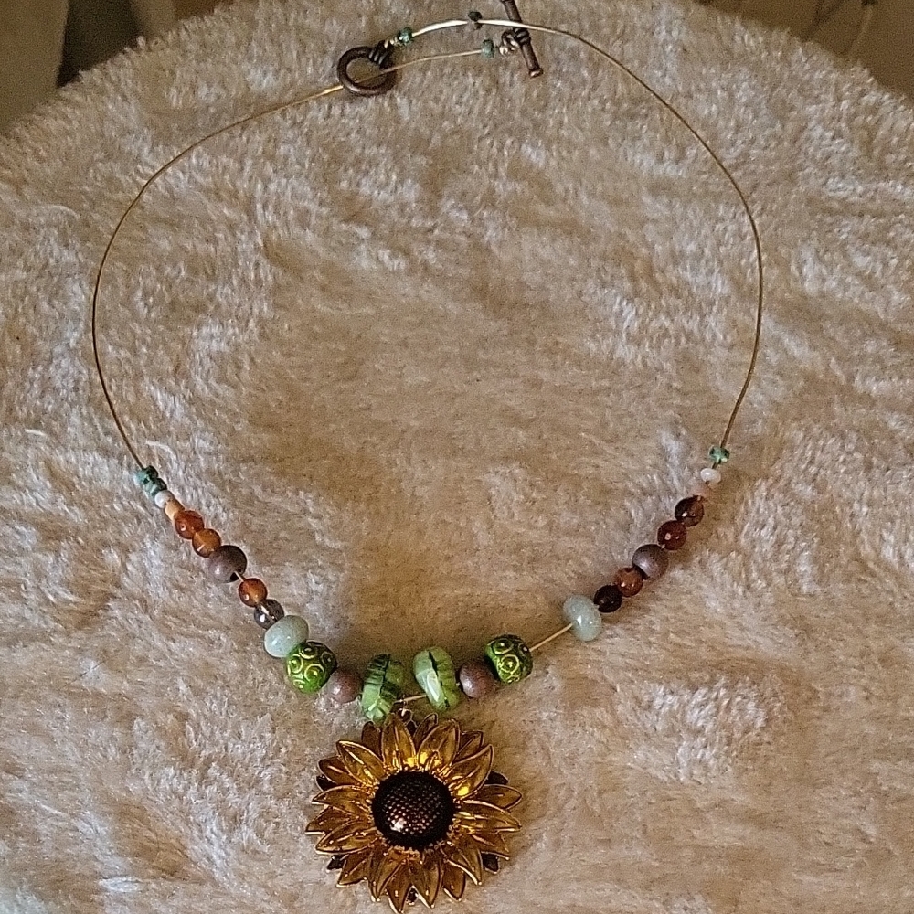 Gold and Green Sunflower Necklace with Beads